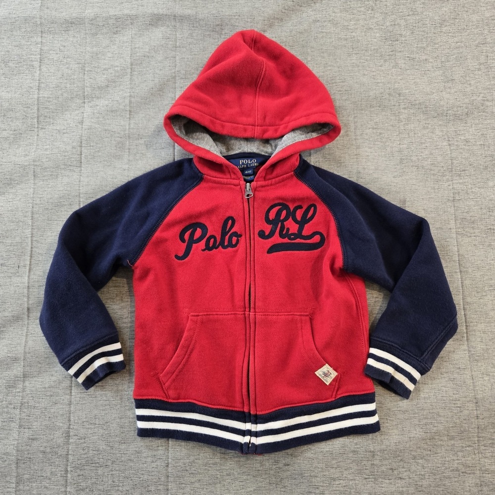 Polo Ralph Lauren Boy's Full‎ Zip Jacket Sweater with Hood Red Blue White  4/4T